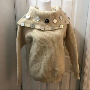 Spree International Cream Silver Disc Detailed Turtleneck Vintage Sweater Small